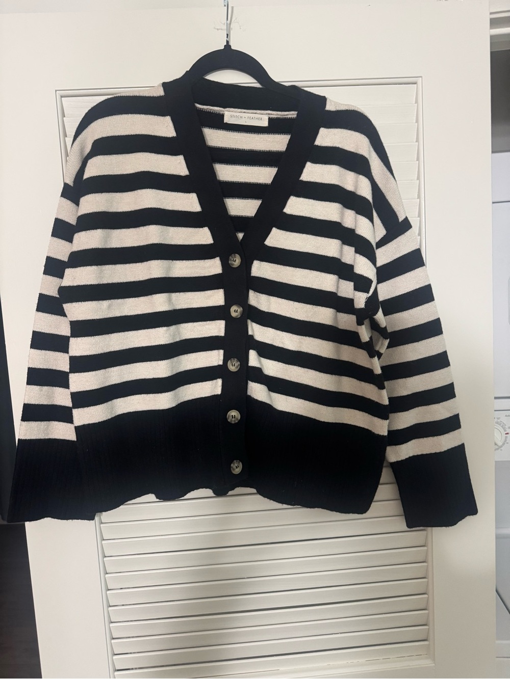 Striped Black and Cream V-Neck Button-Front Cardigan